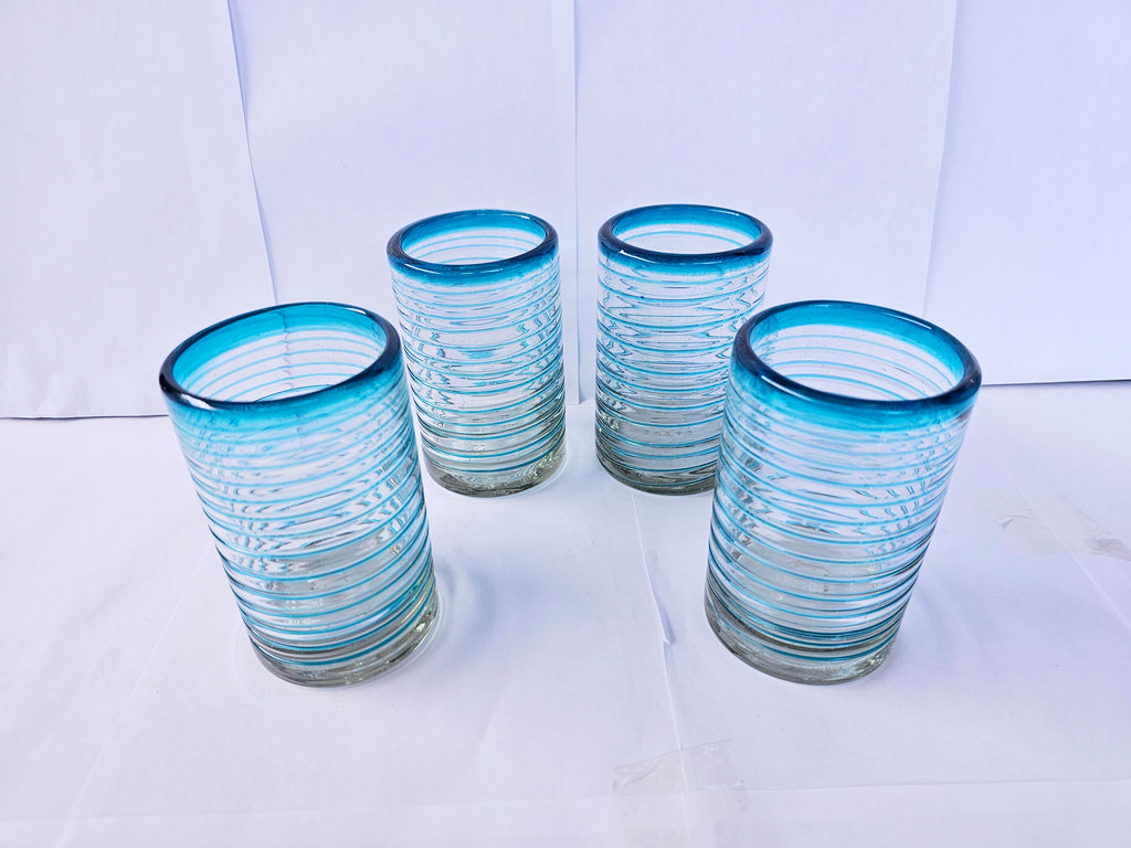VASOS VIDRIO SOPLADO PARA AGUA| PAQUETE DE 6 PIEZAS|ESPIRAL AQUAMARNA +(INCLUYE REGALO)