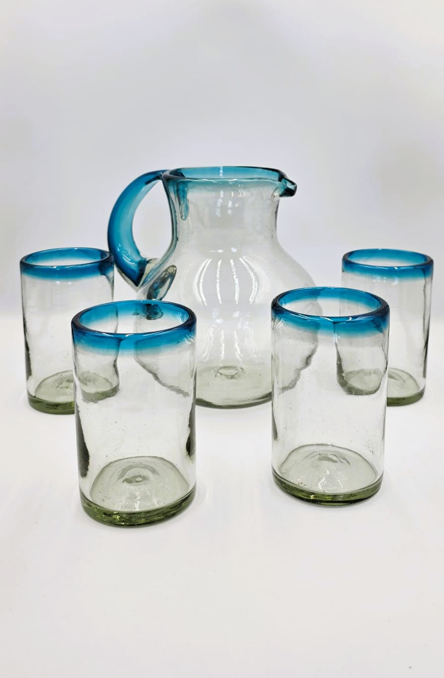 SET DE VASOS CON JARRA MODELO POSTA AQUAMARINA (1 JARRA, 6 PZ VASOS)