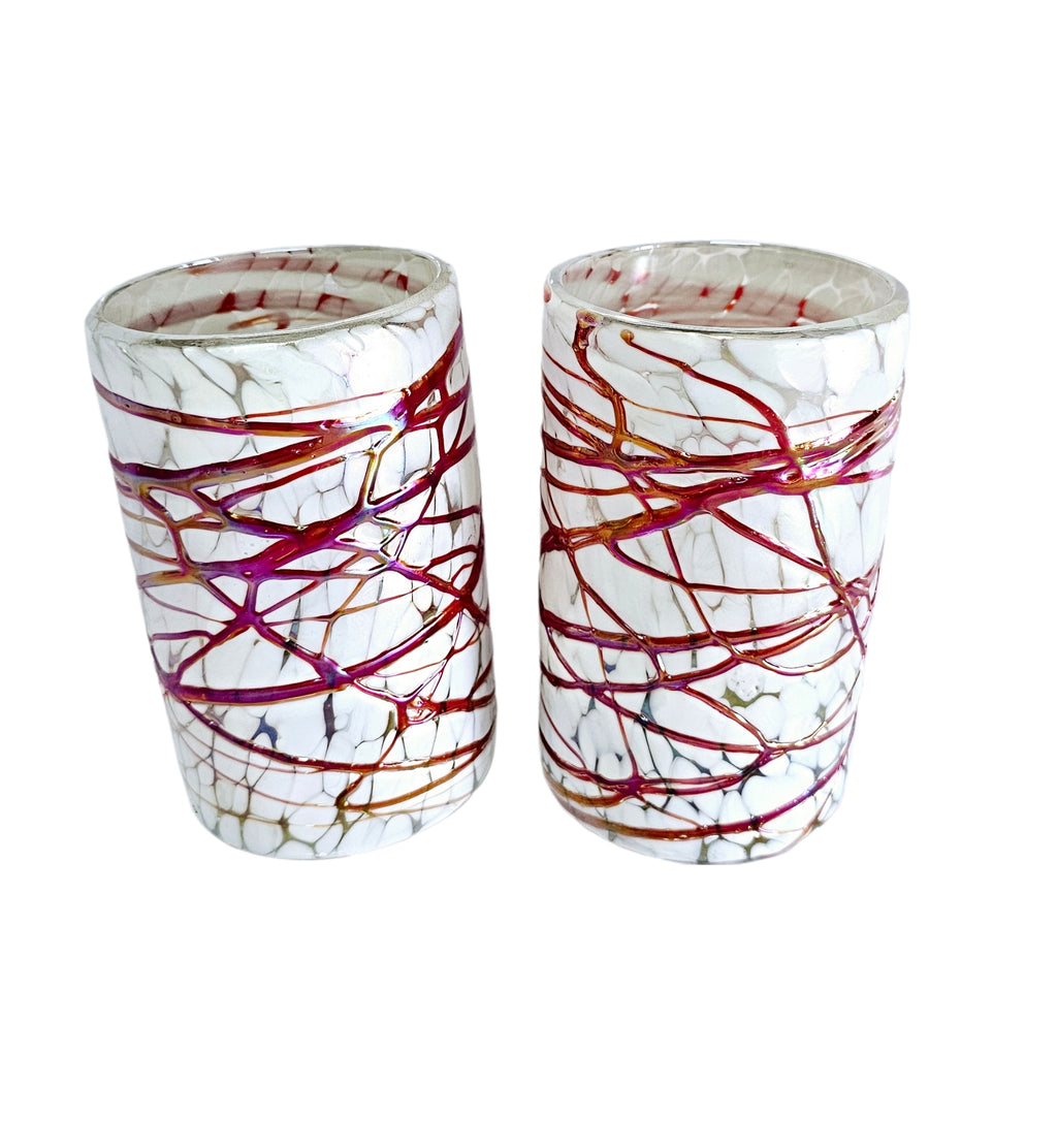 VASOS VIDRIO SOPLADO|SET 6 PIEZAS|ARTESANALMENTE MEXICANOS|PINTAS BLANCAS CON TELARAÑA COLOR ROJO + (INCLUYE REGALO)