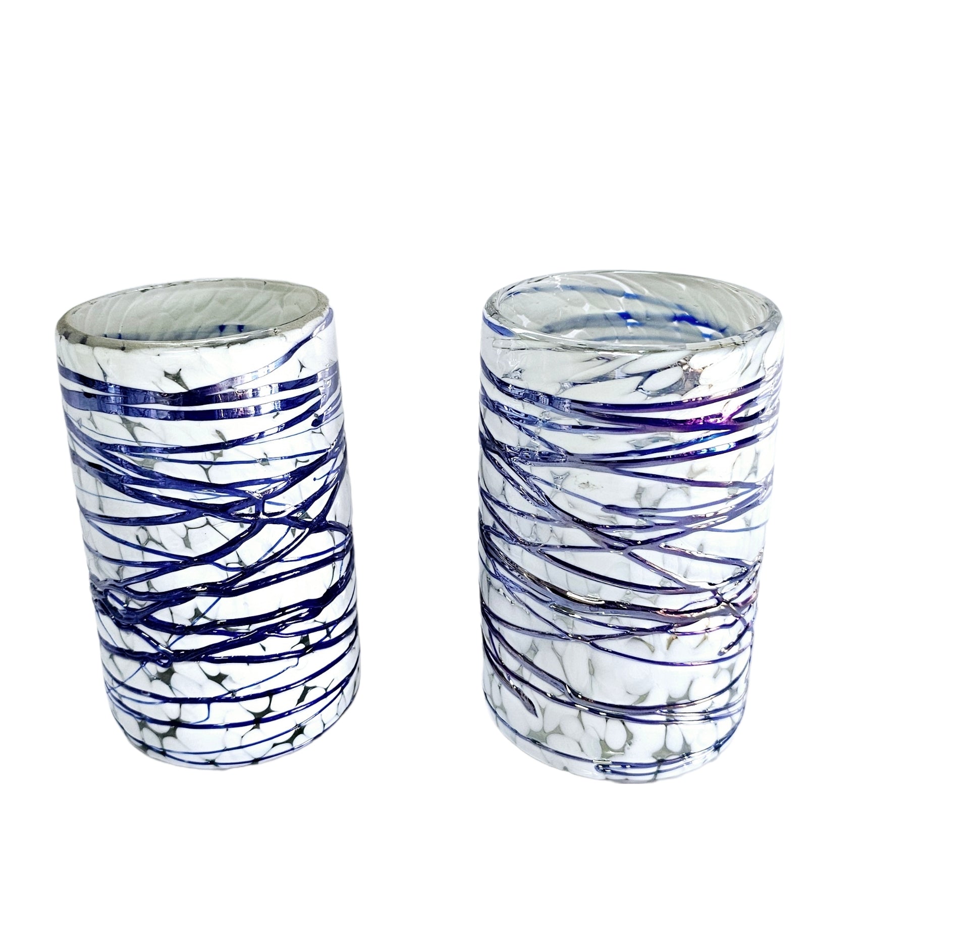 VASOS VIDRIO SOPLADO|SET 6 PIEZAS|ARTESANALMENTE MEXICANOS|PINTAS BLANCAS CON TELARAÑA COBALTO + (INCLUYE REGALO)