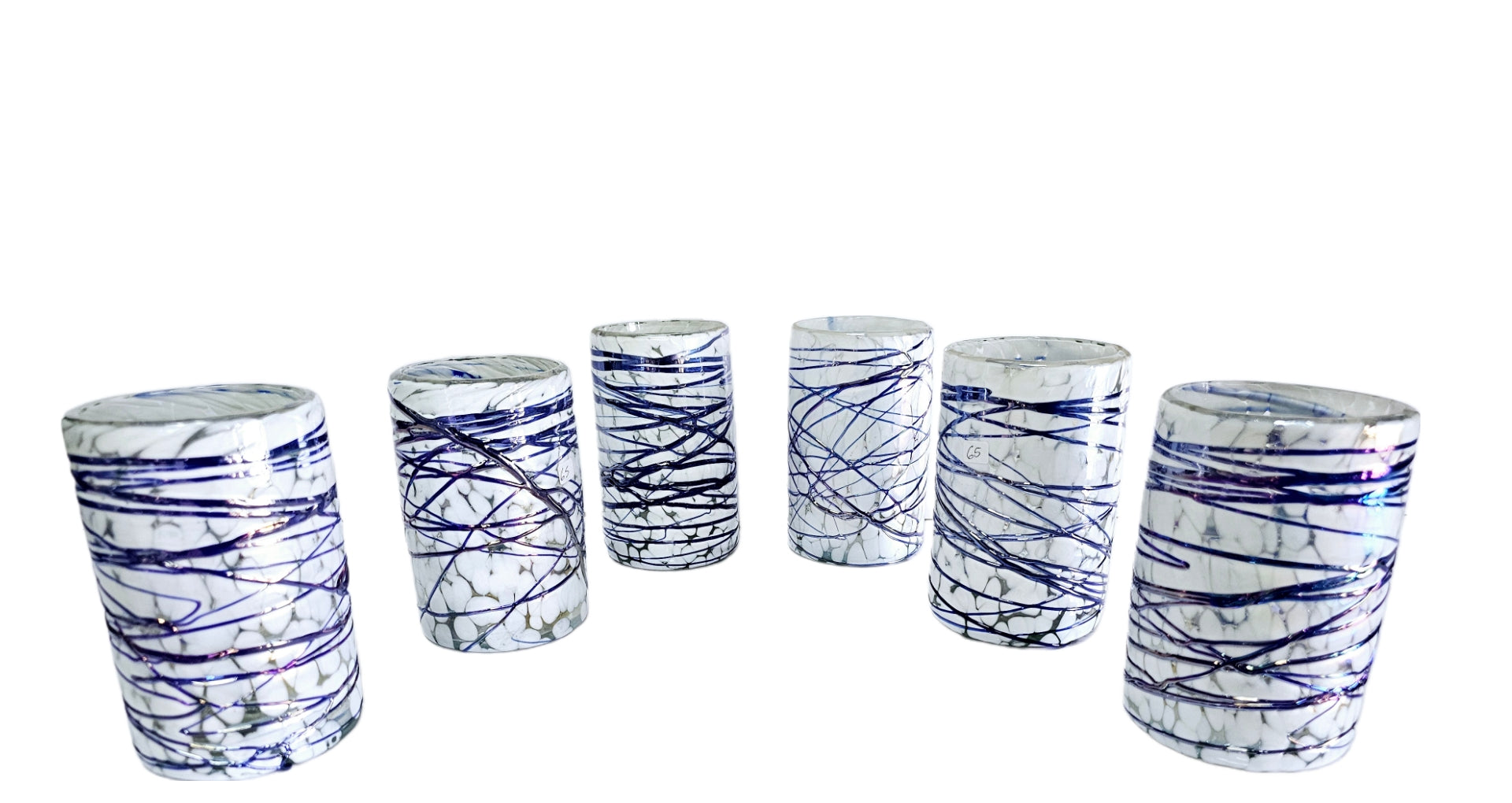 VASOS VIDRIO SOPLADO|SET 6 PIEZAS|ARTESANALMENTE MEXICANOS|PINTAS BLANCAS CON TELARAÑA COBALTO + (INCLUYE REGALO)