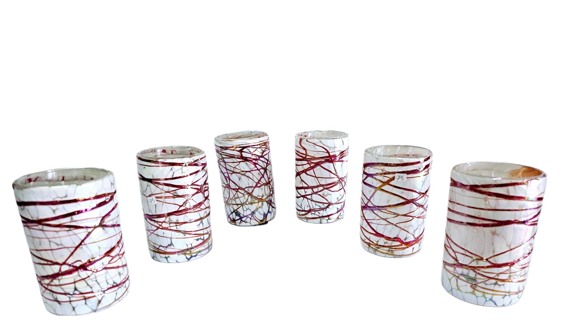 VASOS VIDRIO SOPLADO|SET 6 PIEZAS|ARTESANALMENTE MEXICANOS|PINTAS BLANCAS CON TELARAÑA COLOR ROJO + (INCLUYE REGALO)