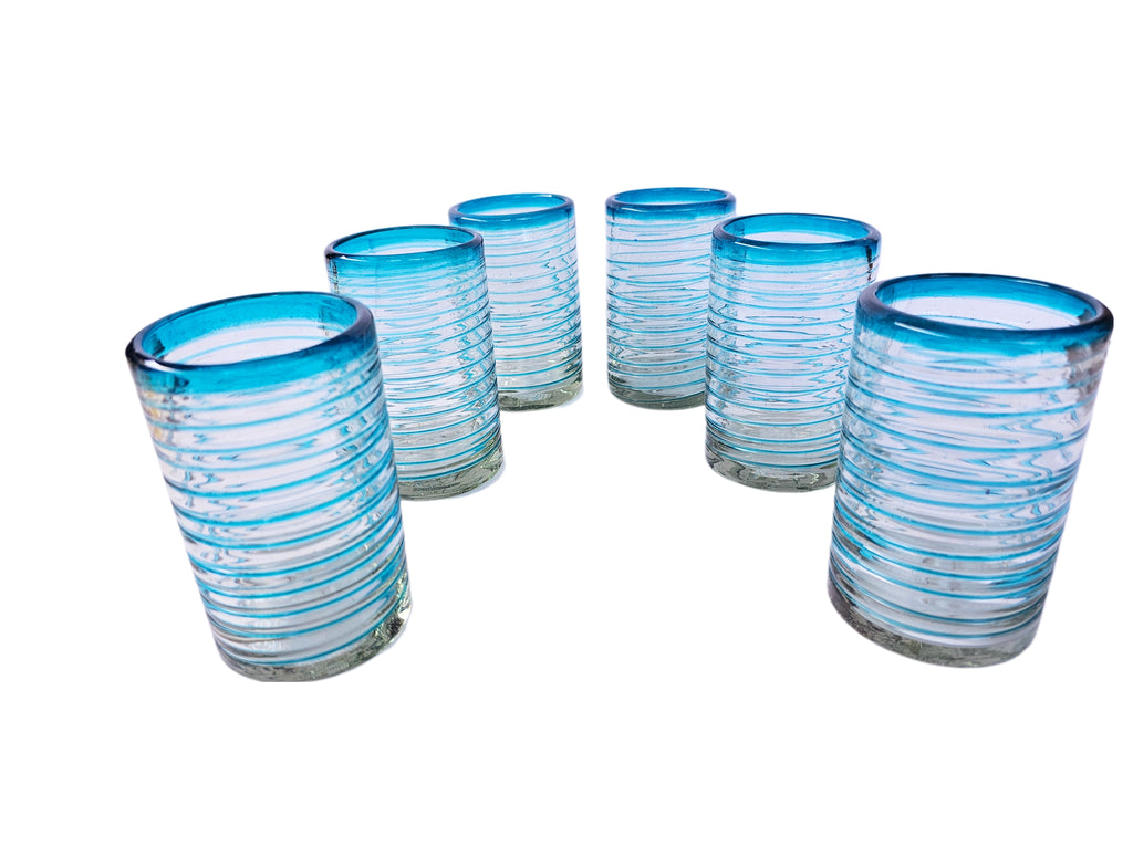 VASOS VIDRIO SOPLADO PARA AGUA| PAQUETE DE 6 PIEZAS|ESPIRAL AQUAMARNA +(INCLUYE REGALO)