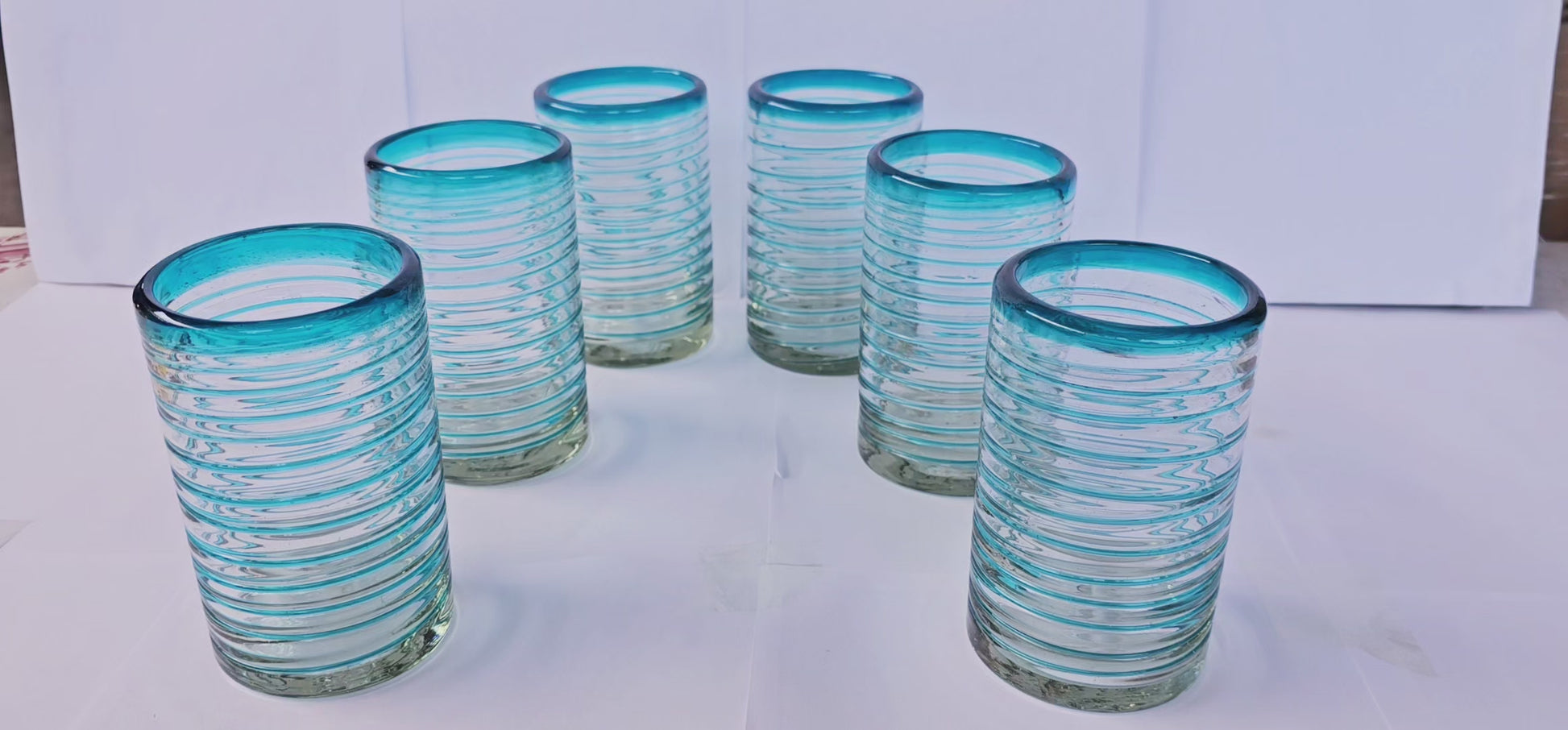 VASOS VIDRIO SOPLADO PARA AGUA| PAQUETE DE 6 PIEZAS|ESPIRAL AQUAMARNA +(INCLUYE REGALO)