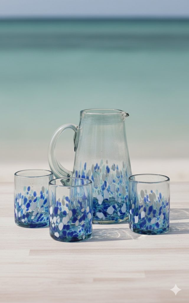 SET DE JARRA Y VASOS MODELO PINTAS BLUE (1 JARRA, 6 PZ DE VASO)