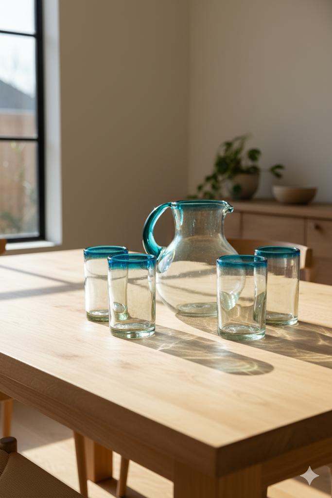 SET DE VASOS CON JARRA MODELO POSTA AQUAMARINA (1 JARRA, 6 PZ VASOS)