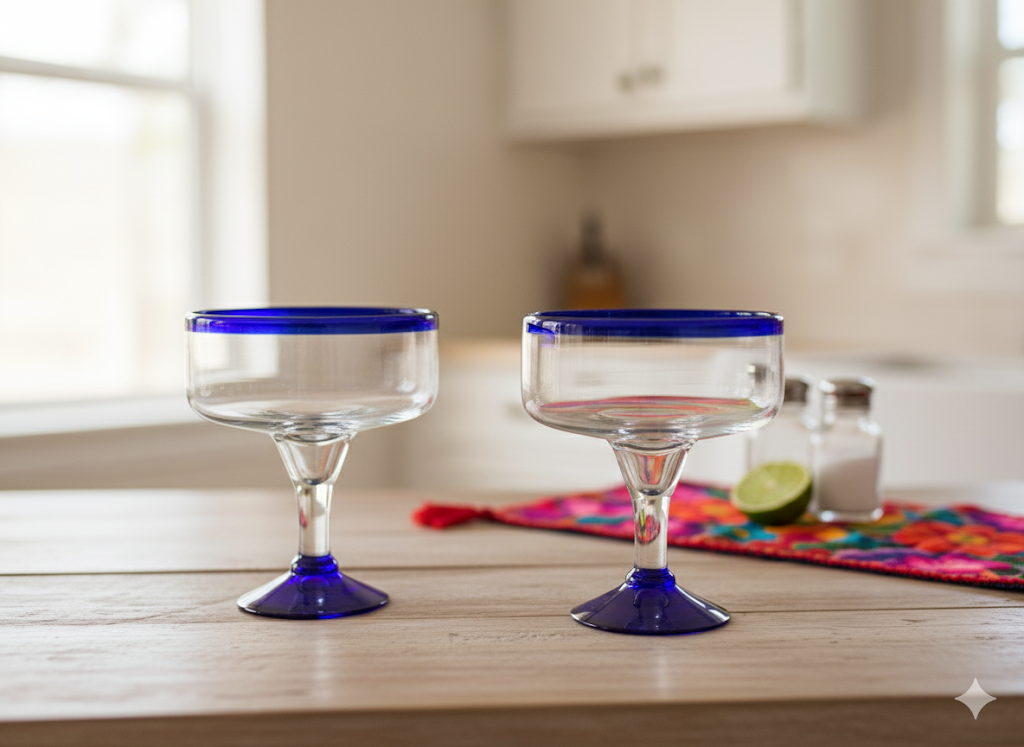 COPAS DE VIDRIO SOPLADO MARGARITA|PAQUETE DE 4 PIEZAS|POSTA COBALTO