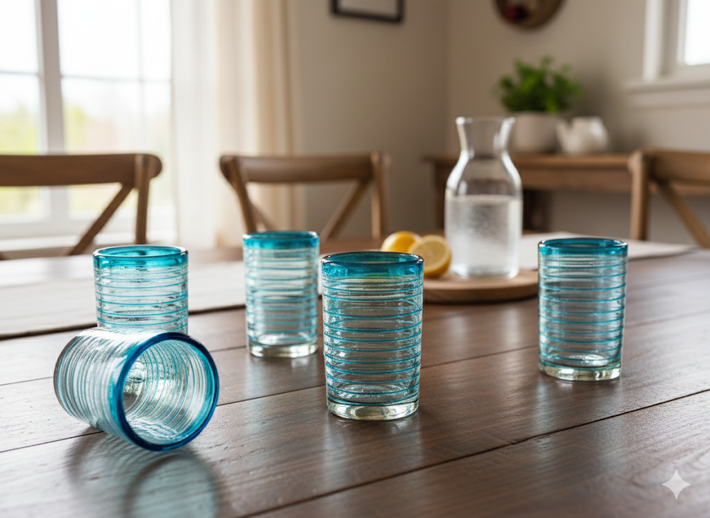 VASOS VIDRIO SOPLADO PARA AGUA| PAQUETE DE 6 PIEZAS|ESPIRAL AQUAMARNA +(INCLUYE REGALO)