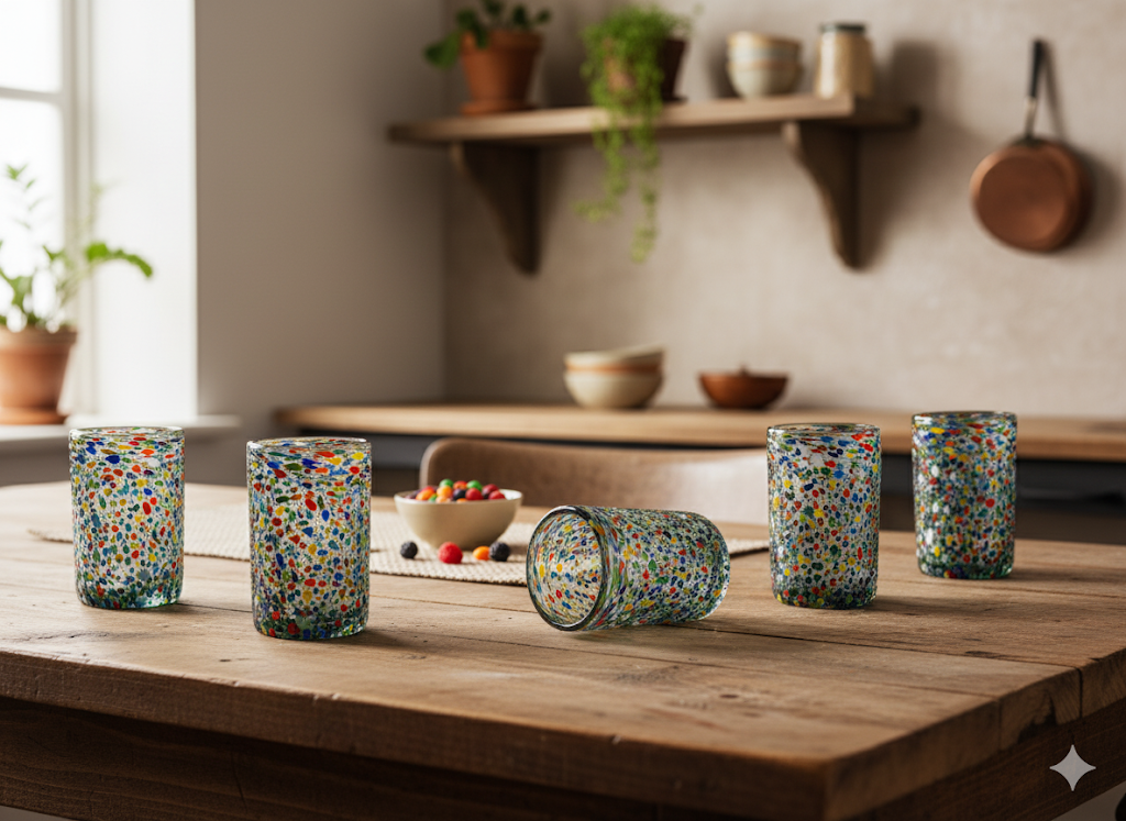 Set de 6 Vasos de Vidrio Soplado Granizado – 14 oz + Regalo Incluido