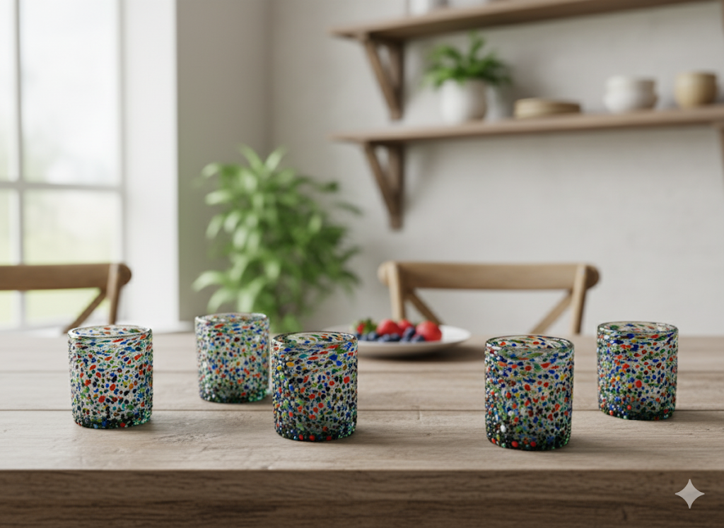 VASOS VIDRIO SOPLADO| SET 6 PIEZAS| ARTESANALES|GRANIZADO (INCLUYE REGALO)