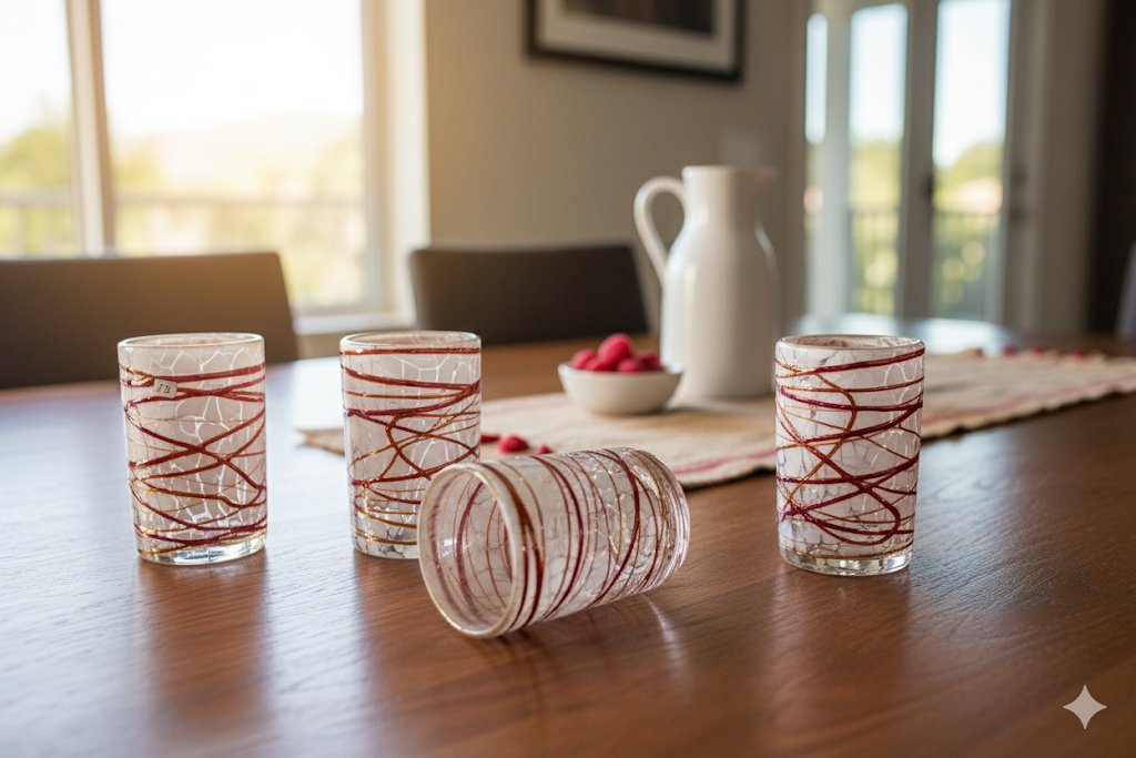 VASOS VIDRIO SOPLADO|SET 6 PIEZAS|ARTESANALMENTE MEXICANOS|PINTAS BLANCAS CON TELARAÑA COLOR ROJO + (INCLUYE REGALO)