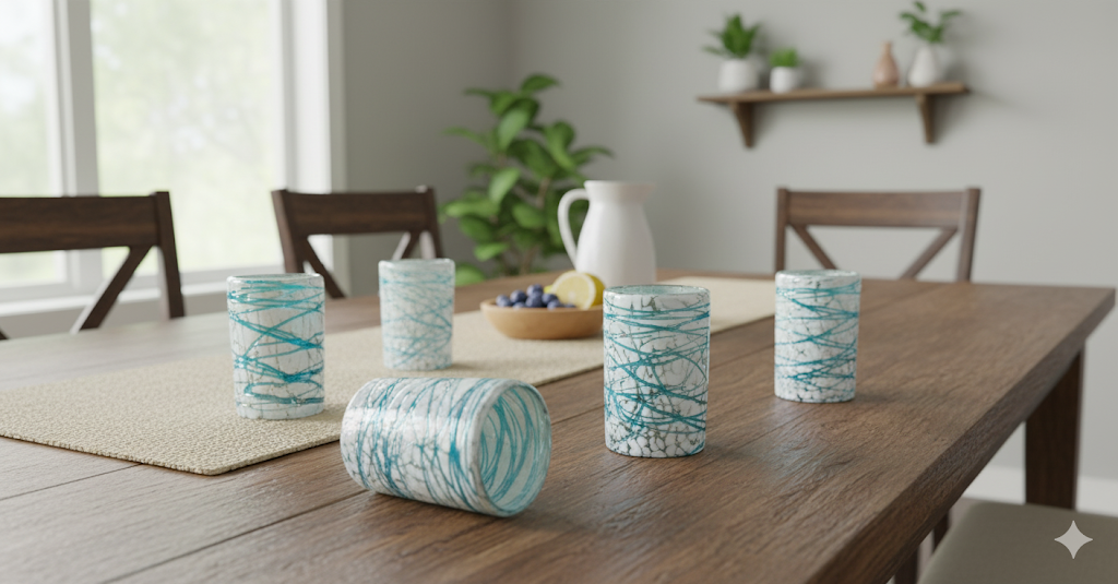 VASOS VIDRIO SOPLADO|SET 6 PIEZAS|ARTESANALMENTE MEXICANOS|PINTAS BLANCAS CON TELARAÑA AGUAMARINA (INCLUYE REGALO)