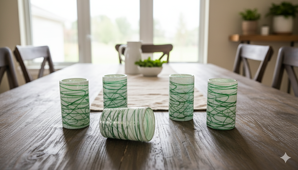 VASOS VIDRIO SOPLADO|SET 6 PIEZAS|ARTESANALMENTE MEXICANOS|PINTAS BLANCAS CON TELARAÑA COLOR VERDE JADE +(INCLUYE REGALO)