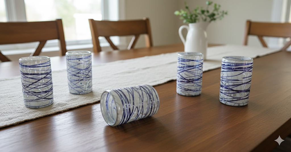 VASOS VIDRIO SOPLADO|SET 6 PIEZAS|ARTESANALMENTE MEXICANOS|PINTAS BLANCAS CON TELARAÑA COBALTO + (INCLUYE REGALO)